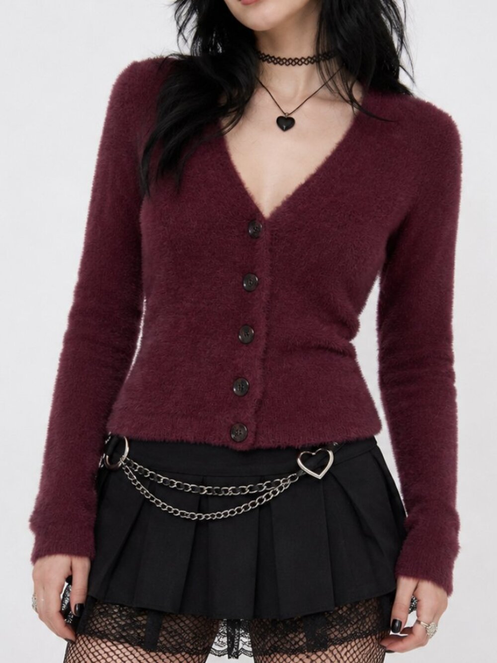 Lovers & Friends Braxton Cardian WHimsigoth Fuzzy Maroon Corporate Goth Sweater